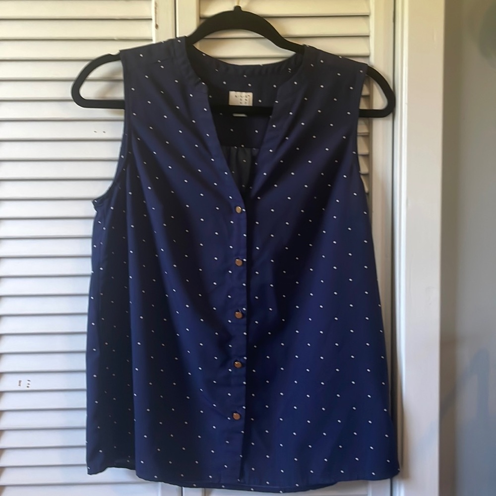 A New Day sleeveless blouse, navy with white polka dots
